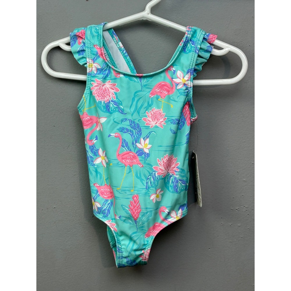 Tommy Bahama One Piece Swimsuit Girls 12M Turquoise Flamingo Floral Ruffle Bow